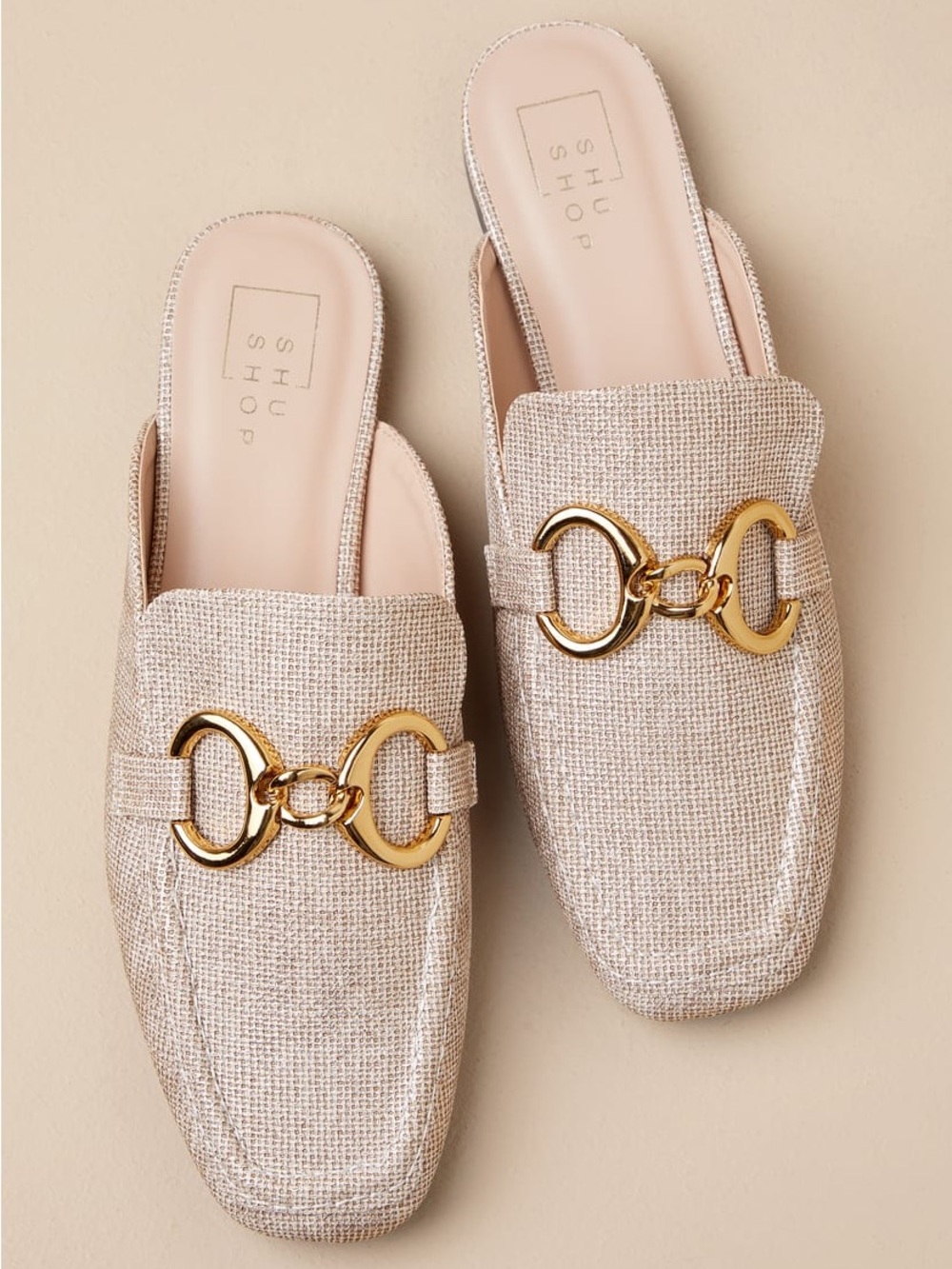 ShuShop Beige Textured Slip-On Mules with Gold Hardware